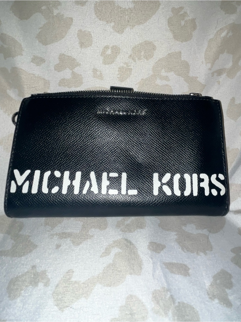 Michael Kors Black Leather Wallet with White Logo Stencil
